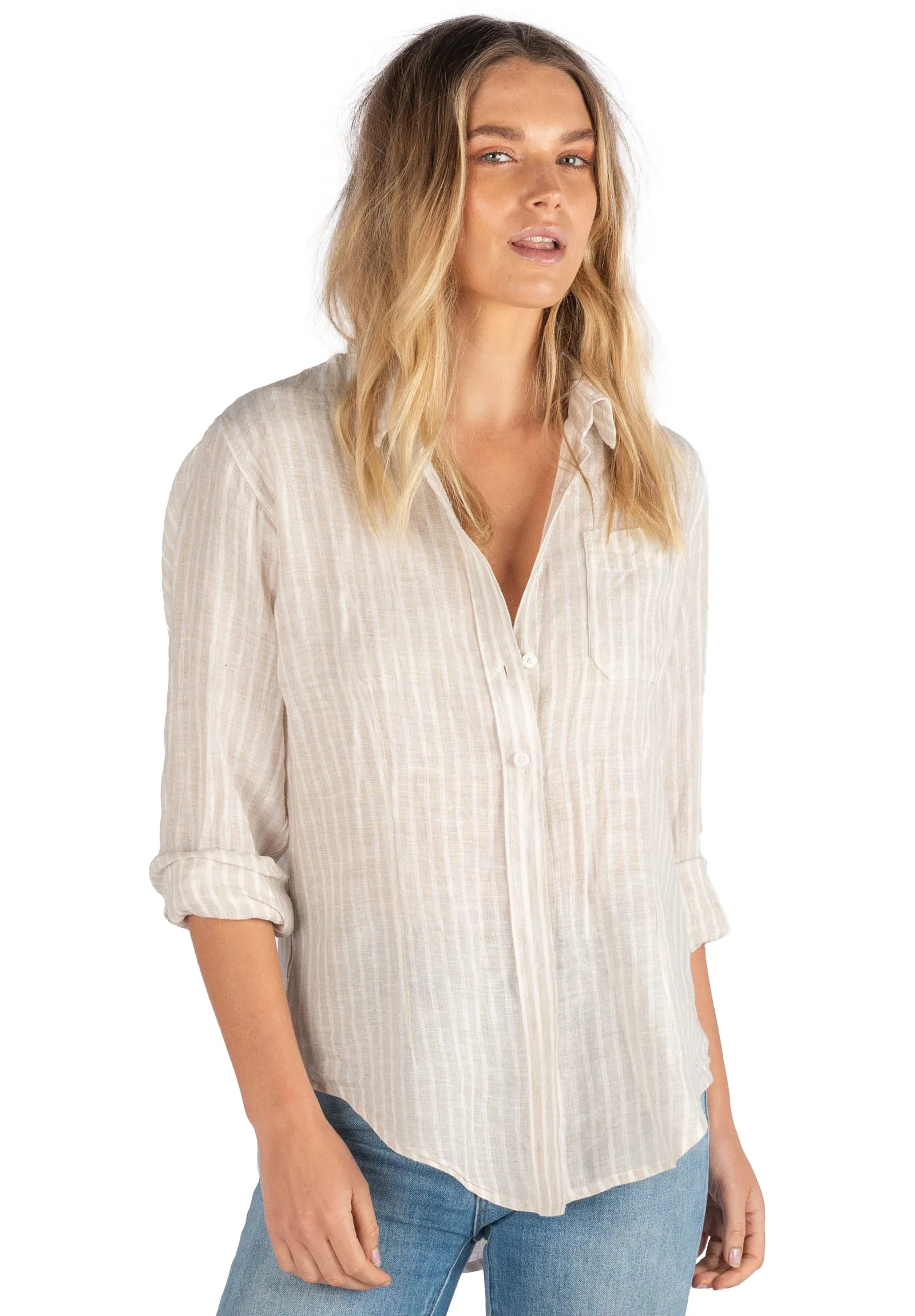 Rina Beige Stripes Slim-Fit Linen Shirt