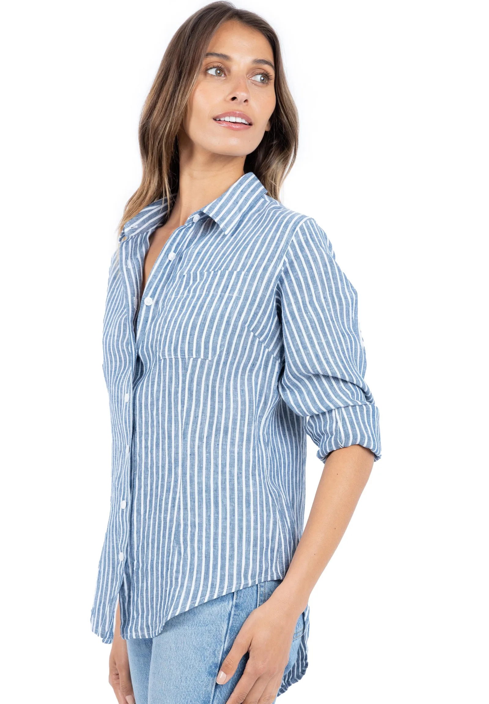 Rina Indigo Blue Stripes Slim-Fit Linen Shirt