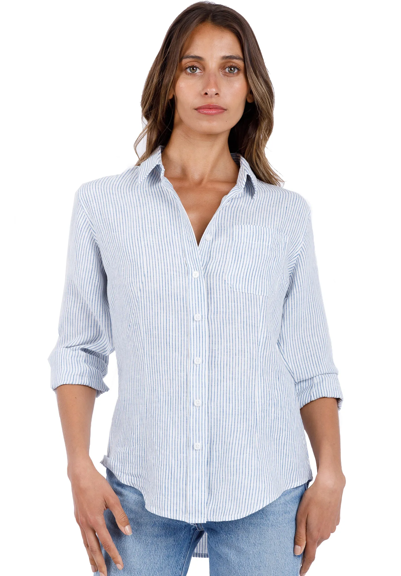 Rina Light Blue Stripes Slim-Fit Linen Shirt