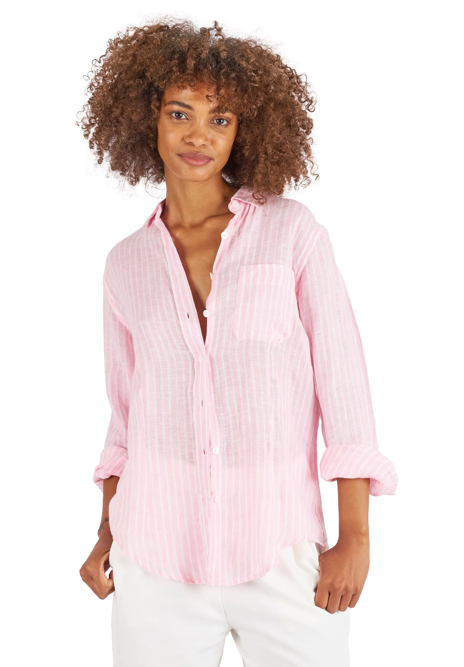 Rina Pink Stripes Slim-Fit Linen Shirt