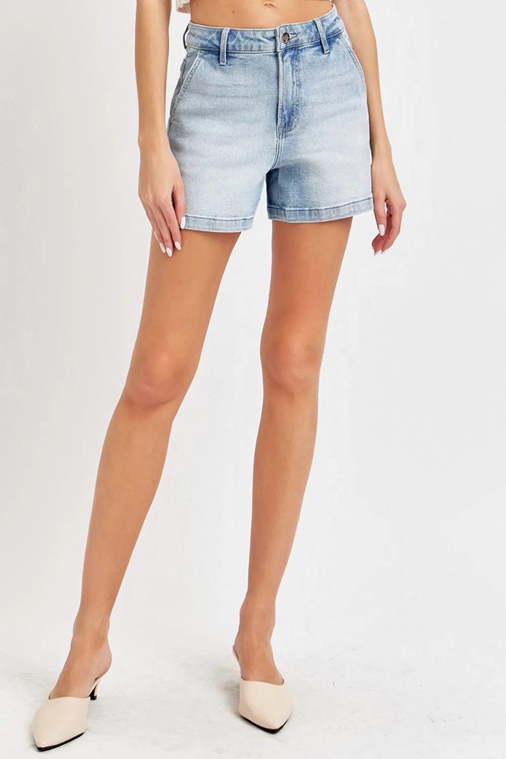 Risen High Rise Light Wash Denim Shorts