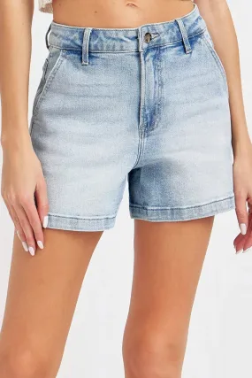 Risen High Rise Light Wash Denim Shorts