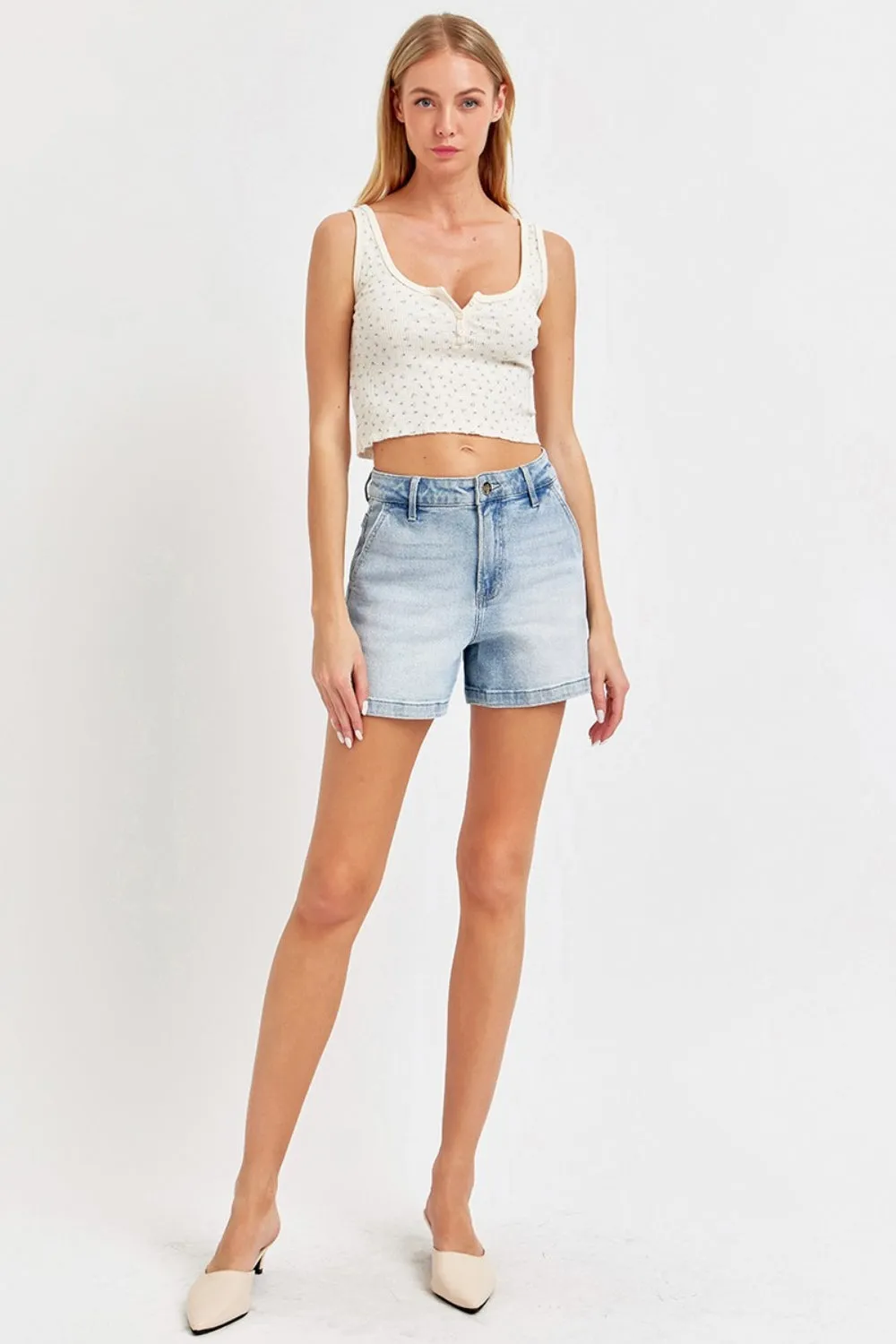 Risen High Rise Light Wash Denim Shorts