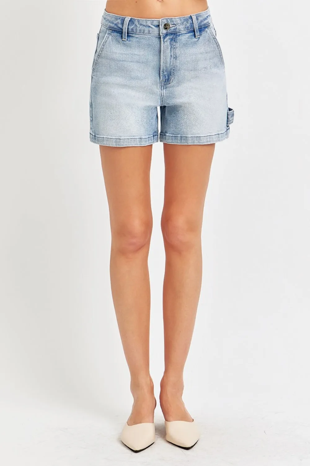 Risen High Rise Light Wash Denim Shorts