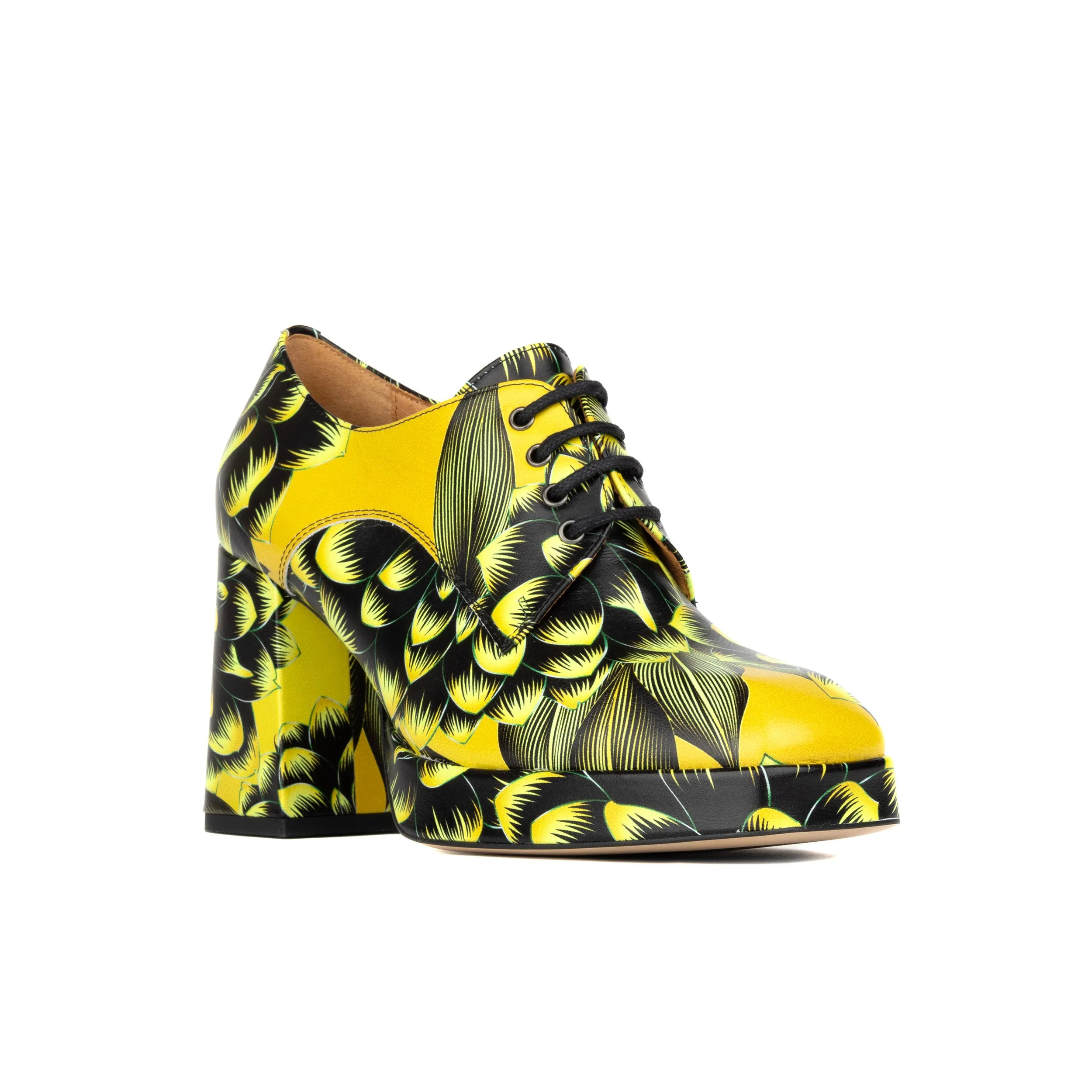 Roulette Platform - Yellow - Women's leather oxford pump with platform and block heel