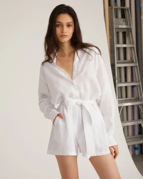 Rowan Linen Button Down Romper in Linen White