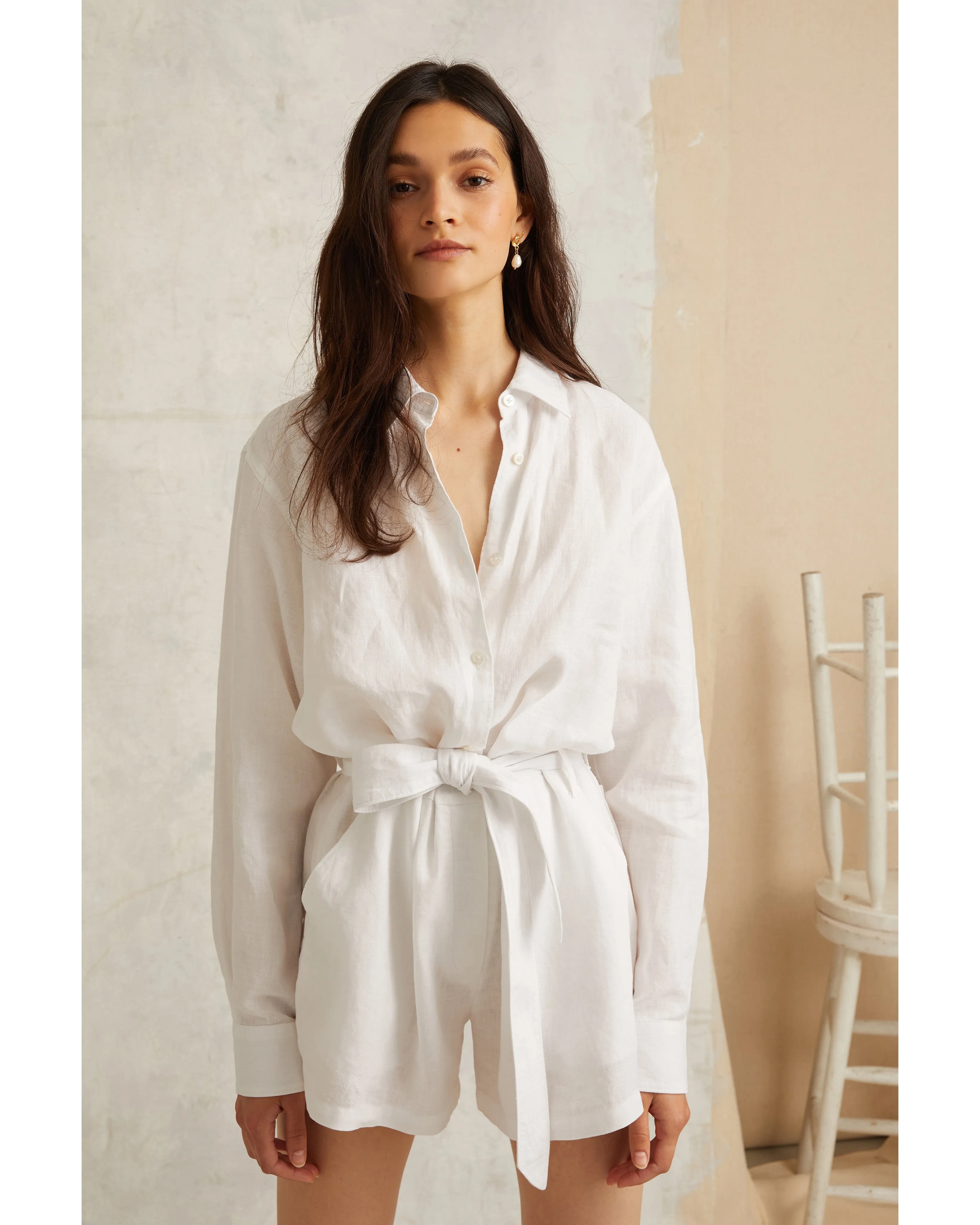 Rowan Linen Button Down Romper in Linen White