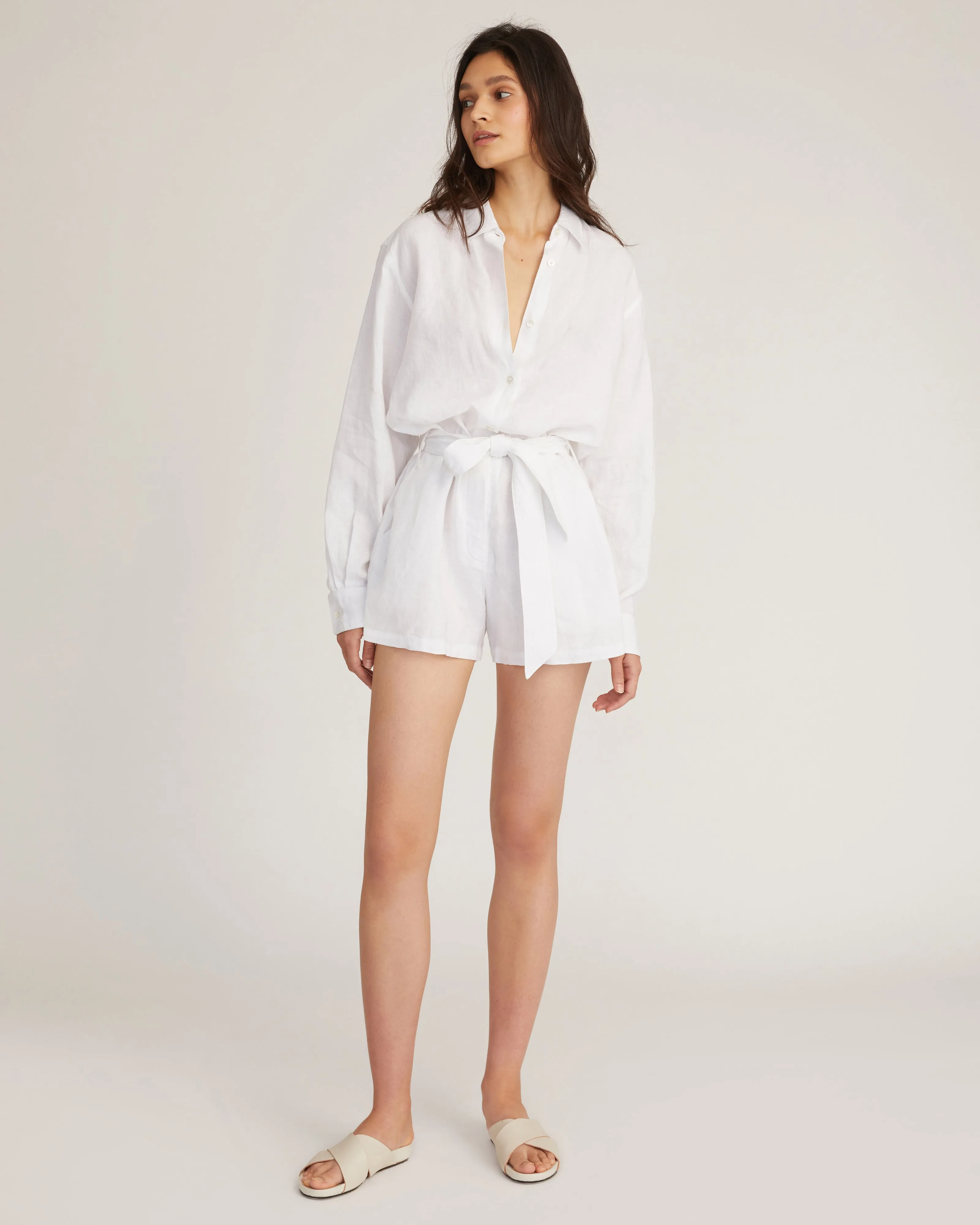 Rowan Linen Button Down Romper in Linen White