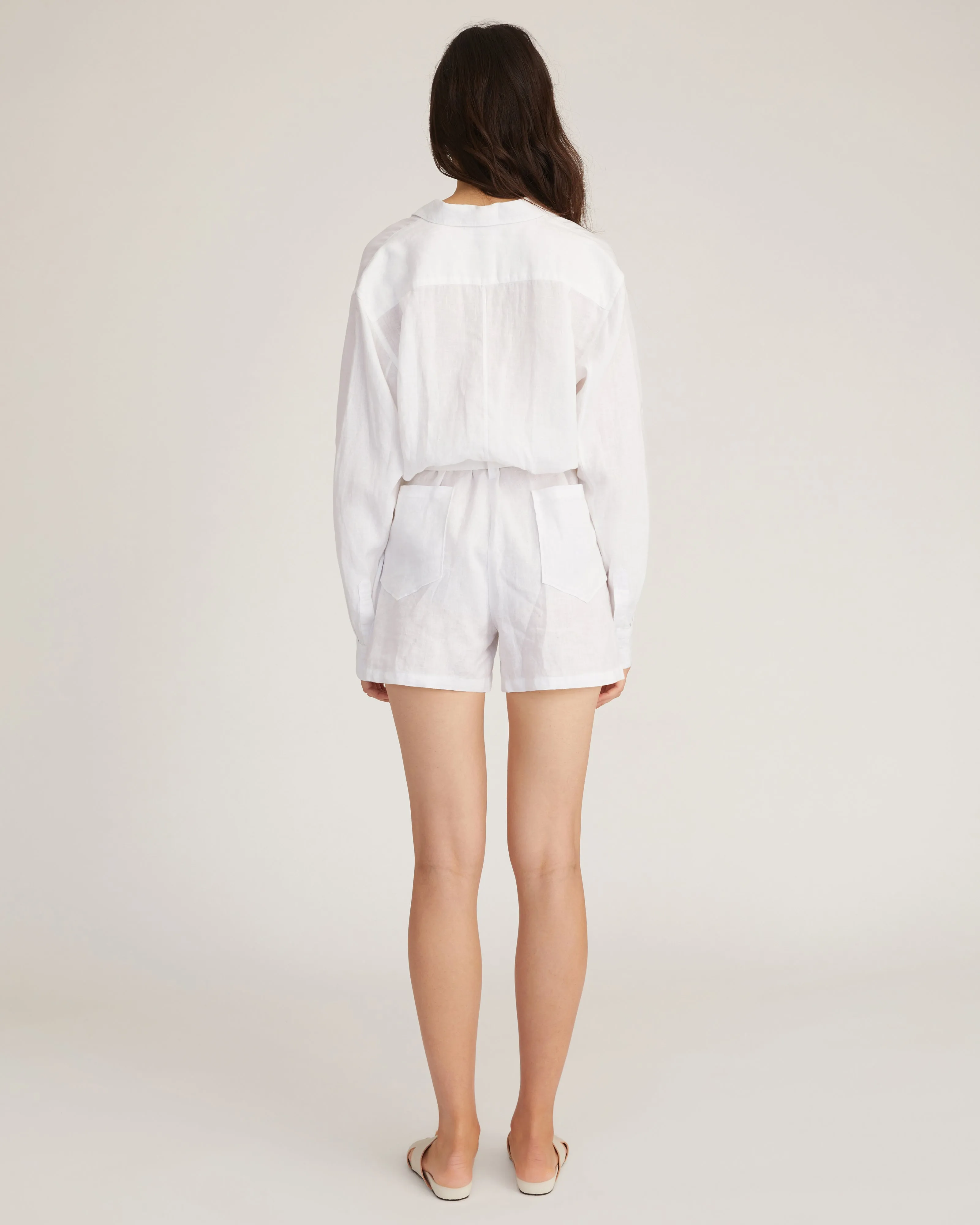 Rowan Linen Button Down Romper in Linen White