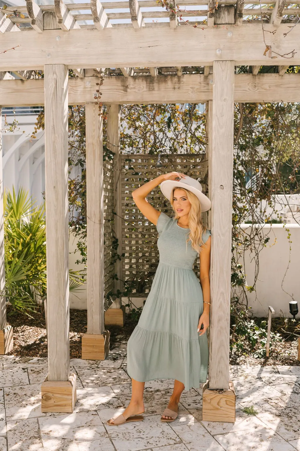 Sage Smock Tiered Midi Dress