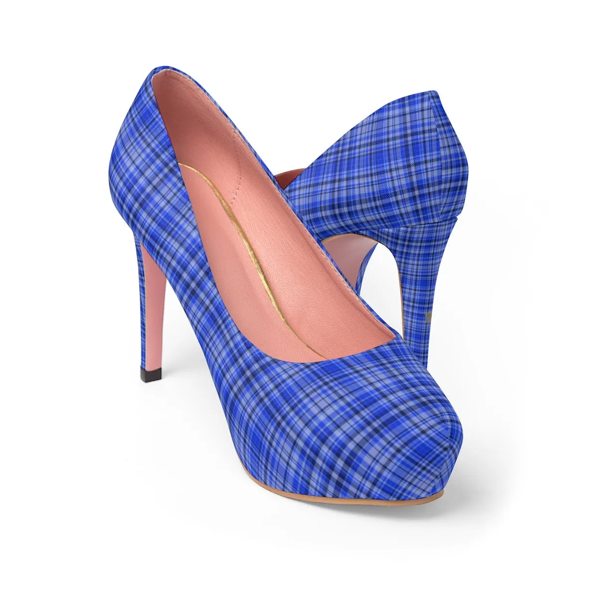 Scottish Blue Plaid Heels, Tartan Plaid Print Women's Platform Heels Stiletto Pumps (US Size: 5-11)