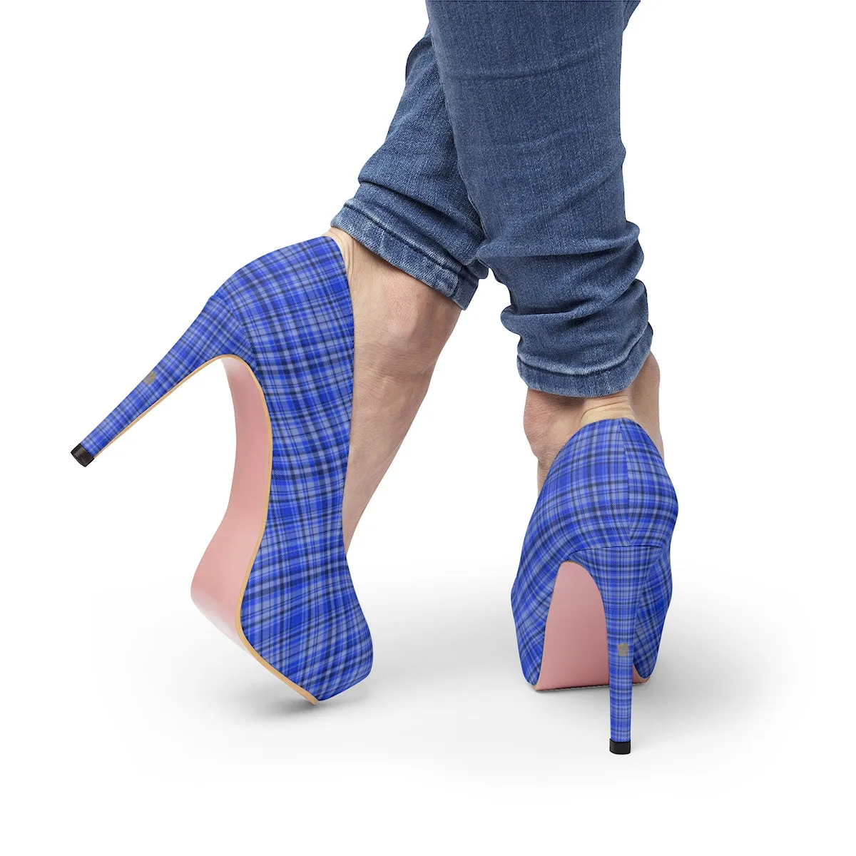 Scottish Blue Plaid Heels, Tartan Plaid Print Women's Platform Heels Stiletto Pumps (US Size: 5-11)