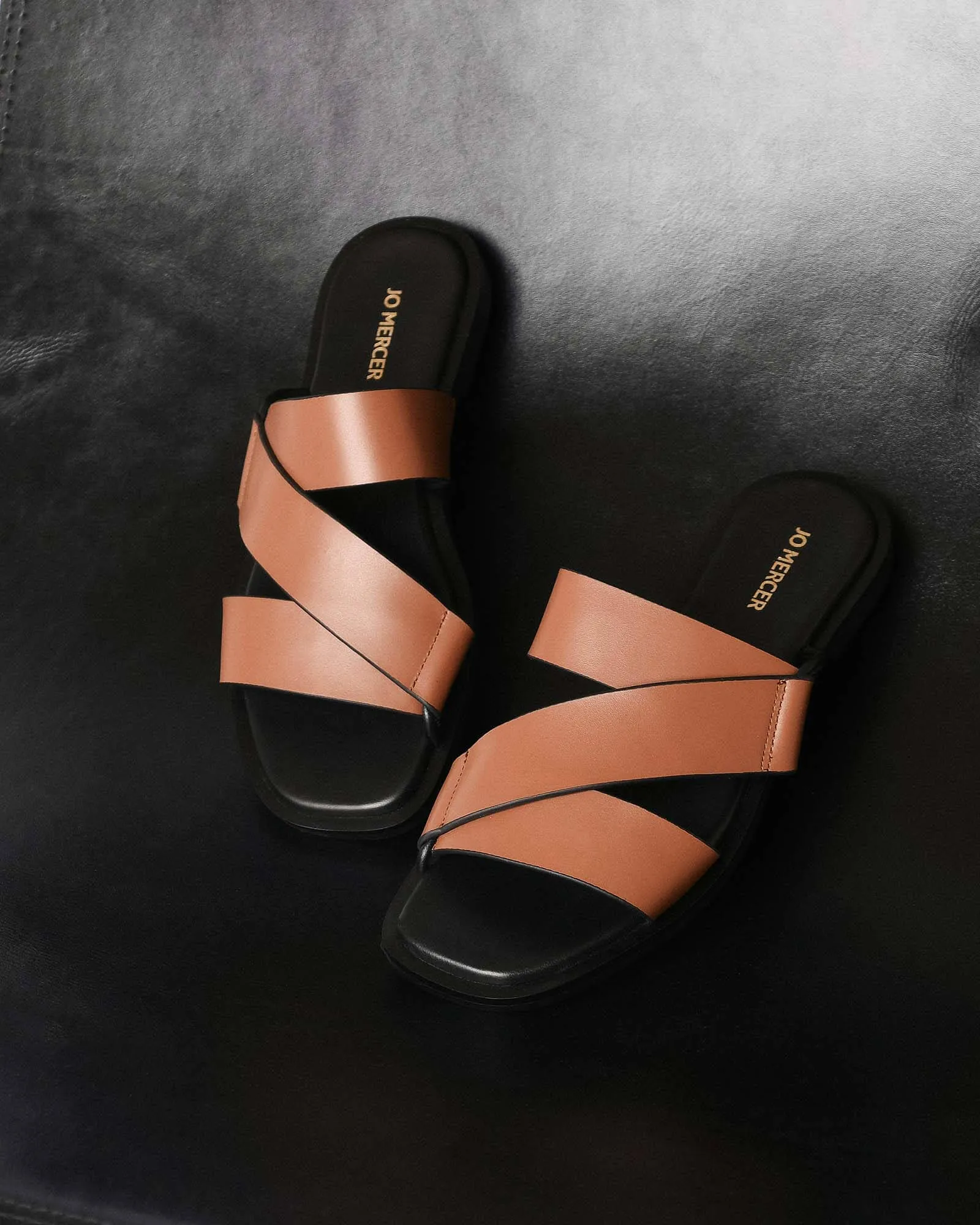 SHELBY FLAT SLIDES DARK TAN LEATHER