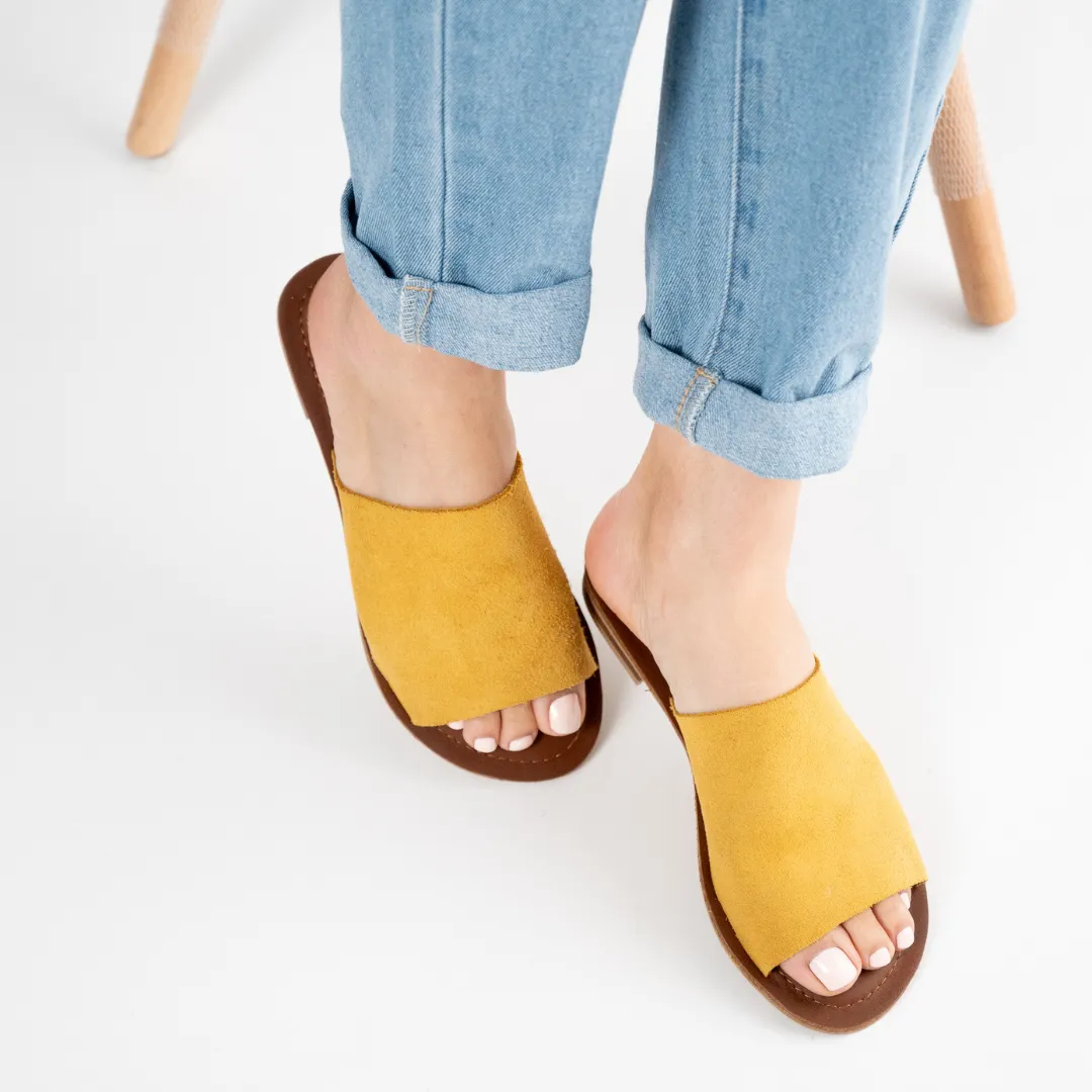 Suede Wide Strap Sandal - Mustard