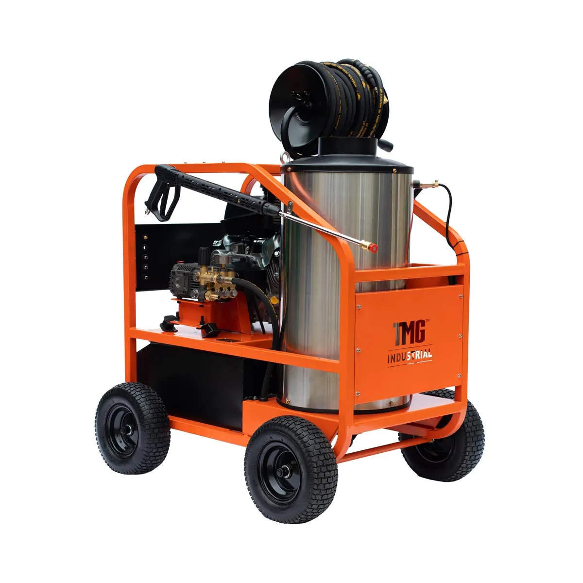 TMG Industrial 4000 PSI Hot Water Pressure Washer with 85’ Hose Reel, 14 HP Kohler Engine, Electric Start, Oil Fired, Triplex Plunger Pump, TMG-HW41R