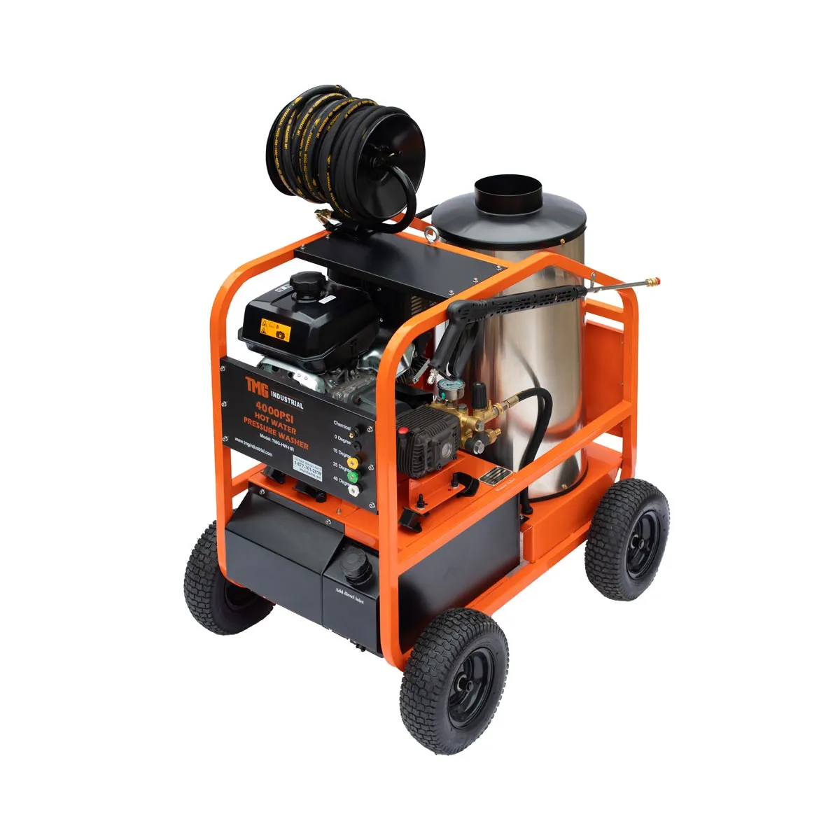 TMG Industrial 4000 PSI Hot Water Pressure Washer with 85’ Hose Reel, 14 HP Kohler Engine, Electric Start, Oil Fired, Triplex Plunger Pump, TMG-HW41R