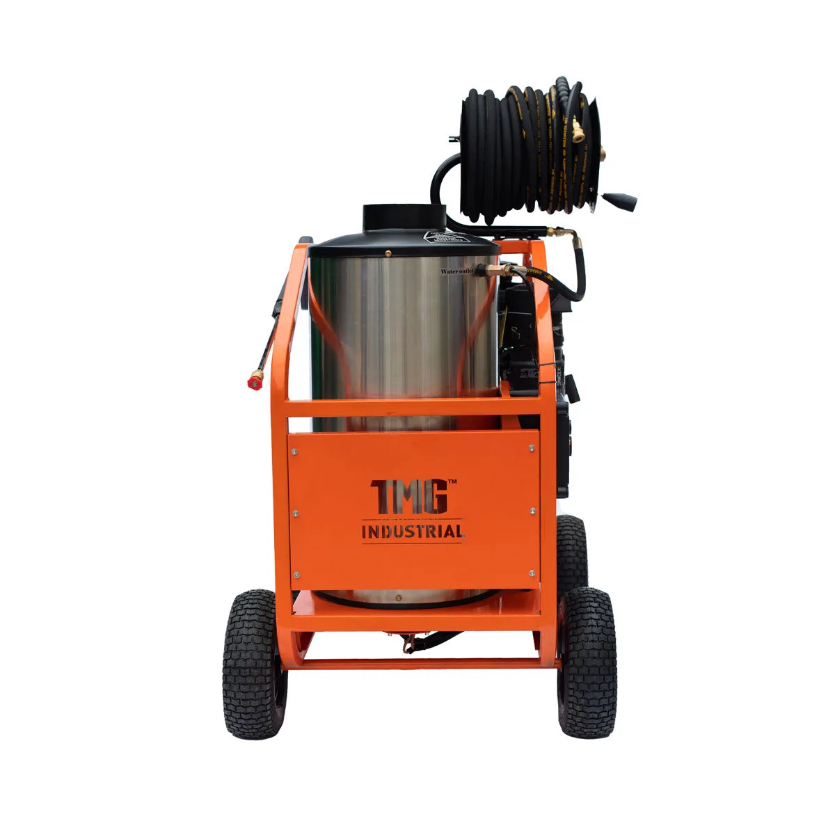 TMG Industrial 4000 PSI Hot Water Pressure Washer with 85’ Hose Reel, 14 HP Kohler Engine, Electric Start, Oil Fired, Triplex Plunger Pump, TMG-HW41R