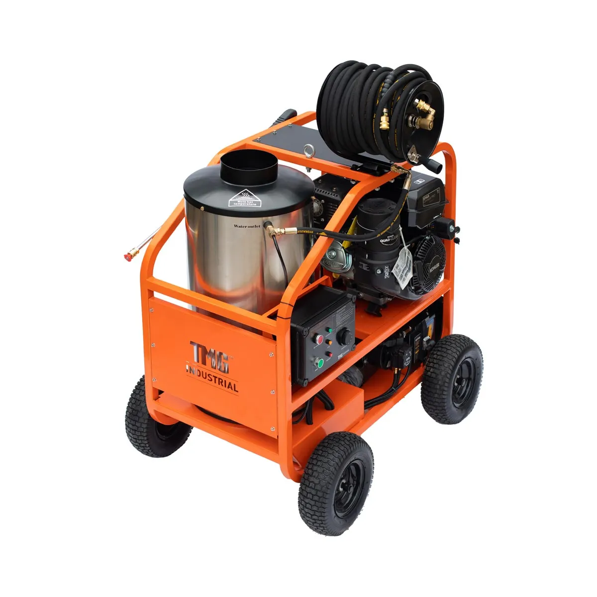 TMG Industrial 4000 PSI Hot Water Pressure Washer with 85’ Hose Reel, 14 HP Kohler Engine, Electric Start, Oil Fired, Triplex Plunger Pump, TMG-HW41R