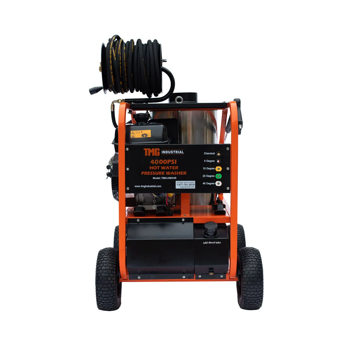 TMG Industrial 4000 PSI Hot Water Pressure Washer with 85’ Hose Reel, 14 HP Kohler Engine, Electric Start, Oil Fired, Triplex Plunger Pump, TMG-HW41R