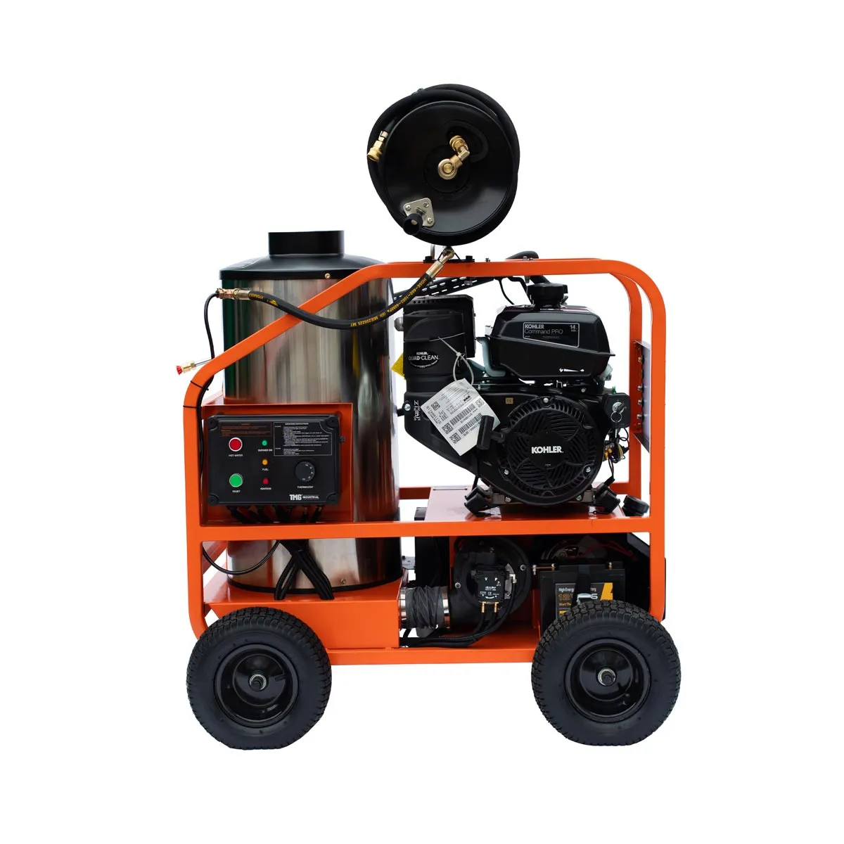 TMG Industrial 4000 PSI Hot Water Pressure Washer with 85’ Hose Reel, 14 HP Kohler Engine, Electric Start, Oil Fired, Triplex Plunger Pump, TMG-HW41R