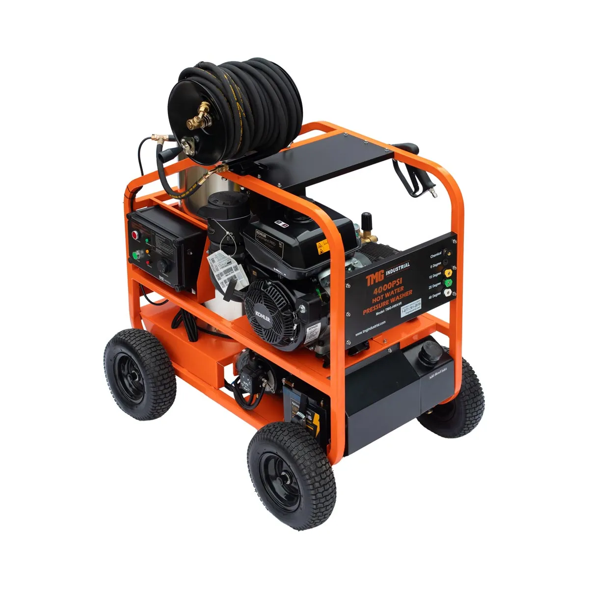 TMG Industrial 4000 PSI Hot Water Pressure Washer with 85’ Hose Reel, 14 HP Kohler Engine, Electric Start, Oil Fired, Triplex Plunger Pump, TMG-HW41R