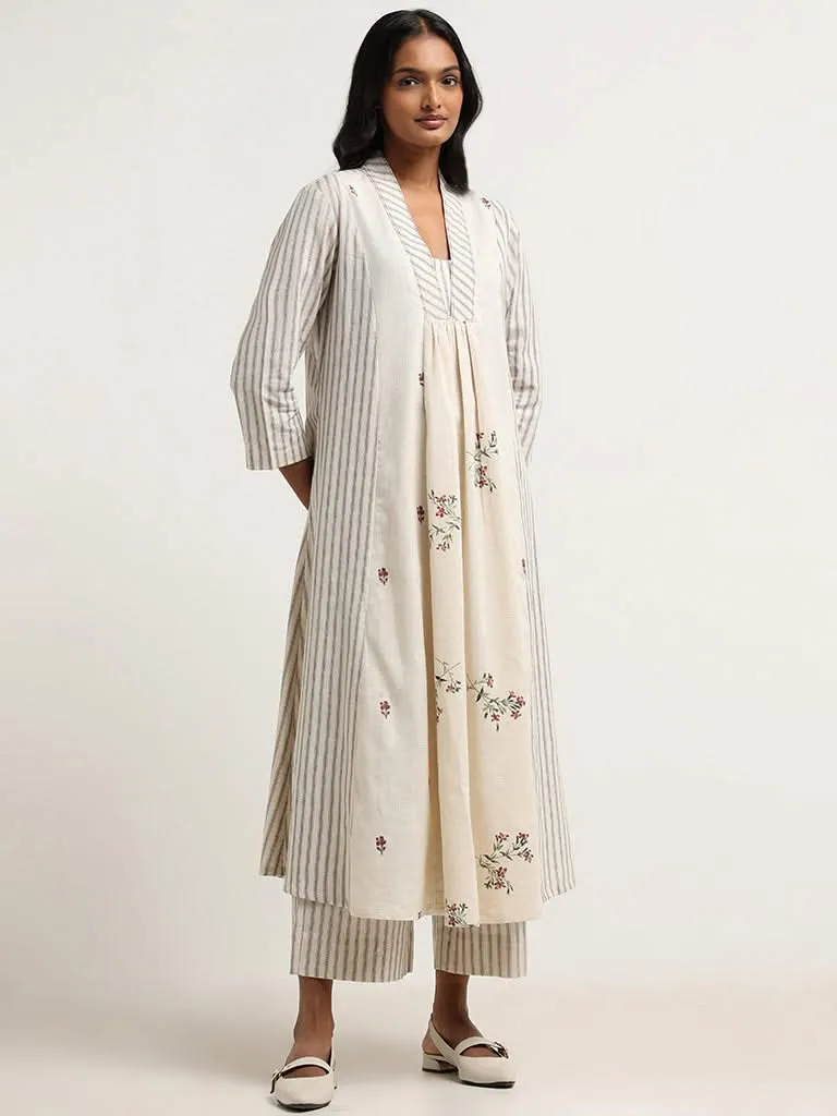 Utsa Off White Striped Cotton Palazzos