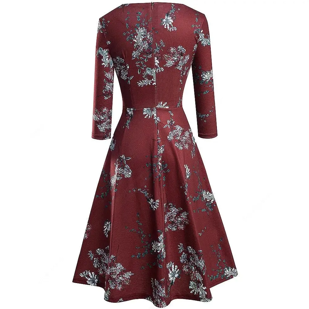 Vintage Dark Red Elegant Floral Swing Dress