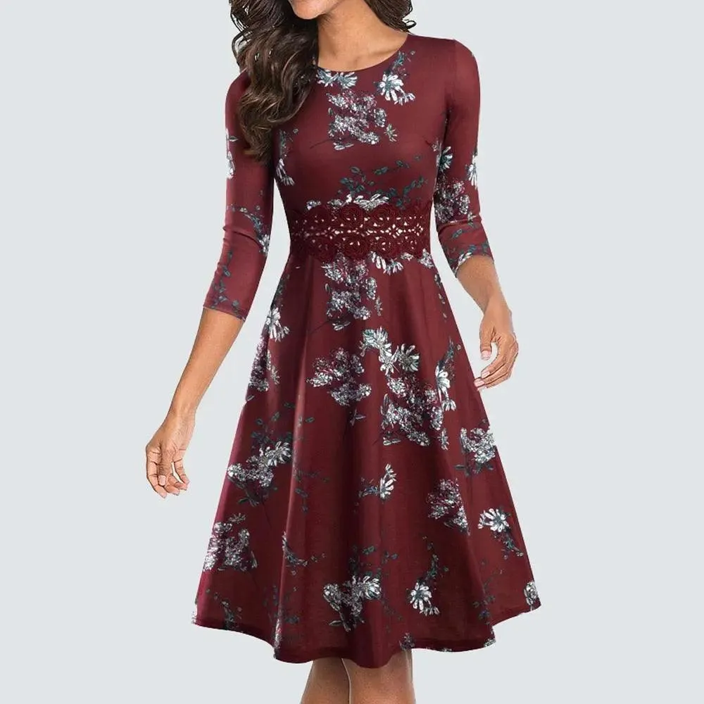 Vintage Dark Red Elegant Floral Swing Dress