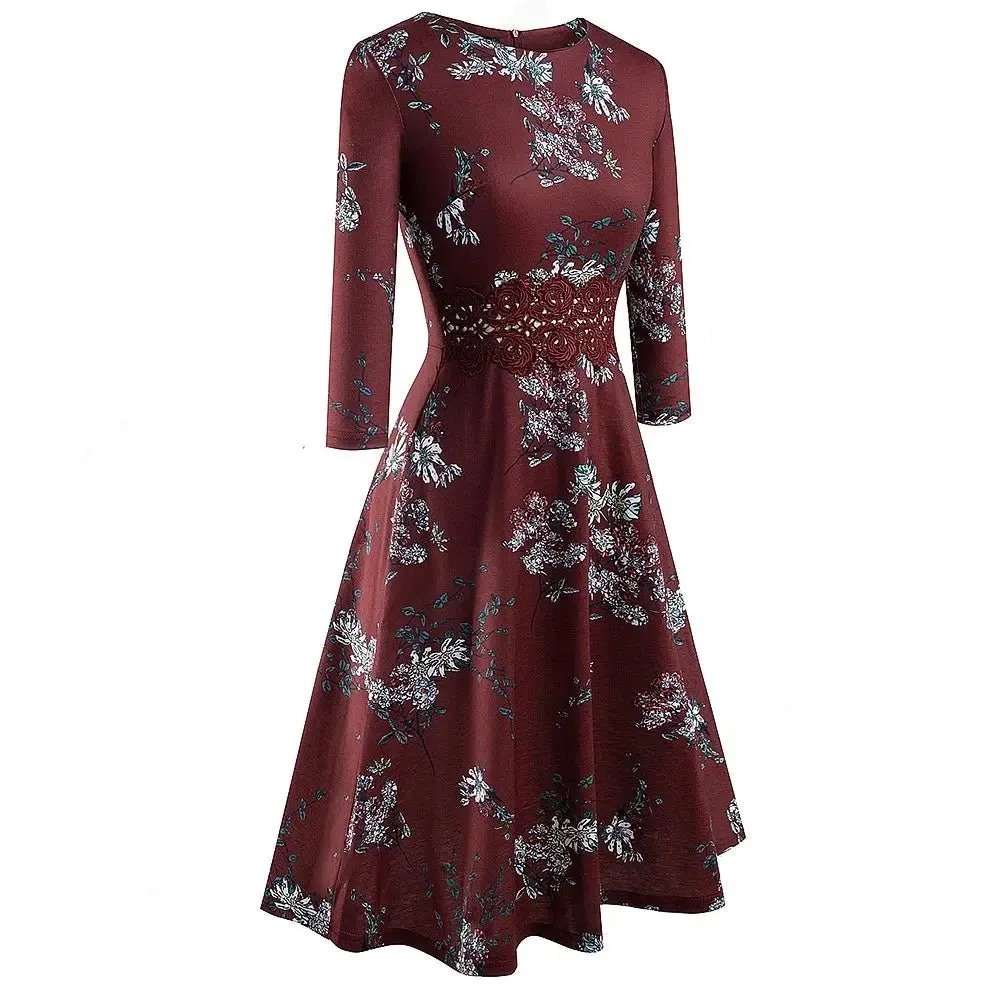 Vintage Dark Red Elegant Floral Swing Dress