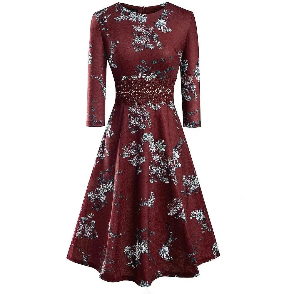 Vintage Dark Red Elegant Floral Swing Dress