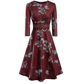 Vintage Dark Red Elegant Floral Swing Dress