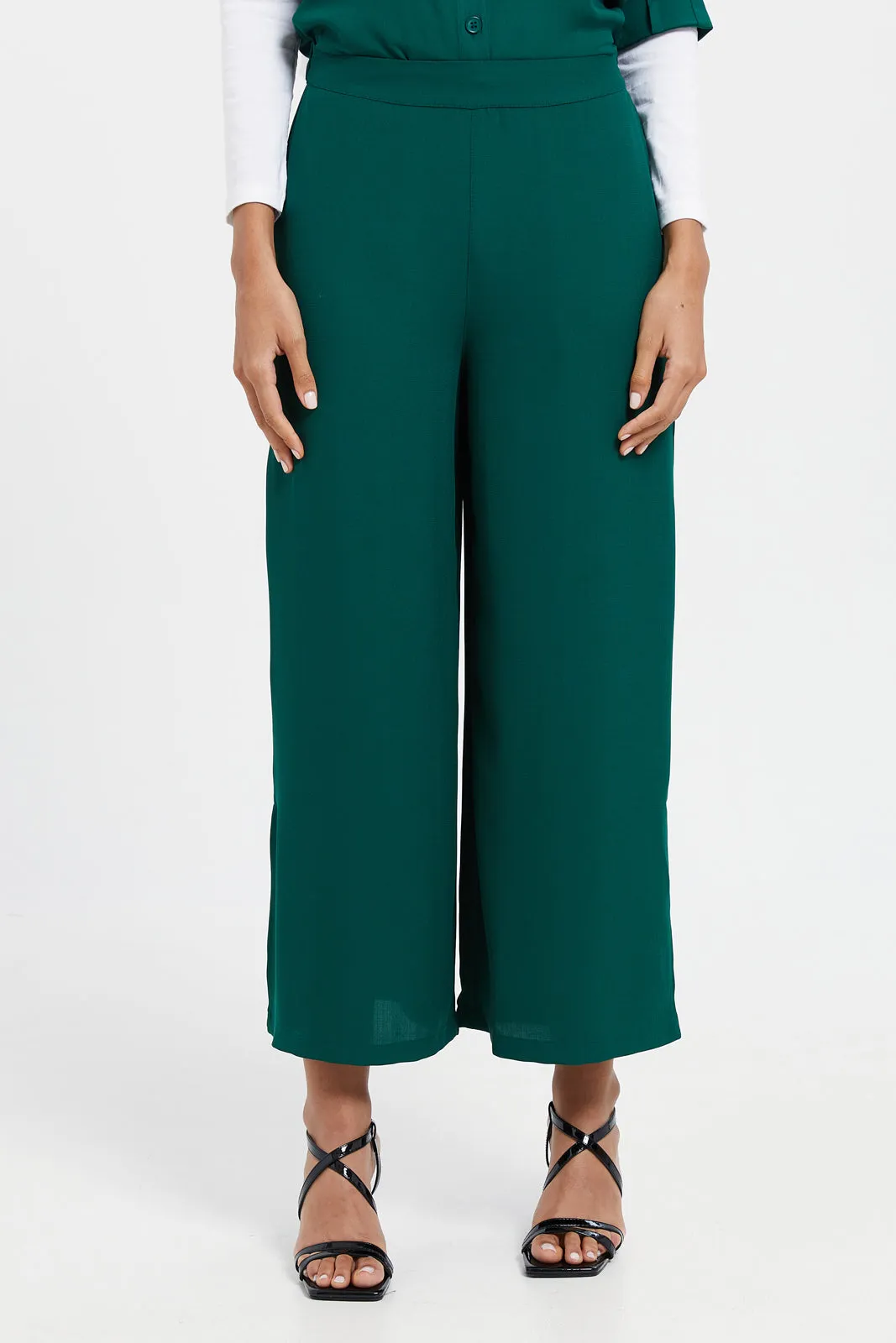 Women Green Wide Leg Elasticated Trouser