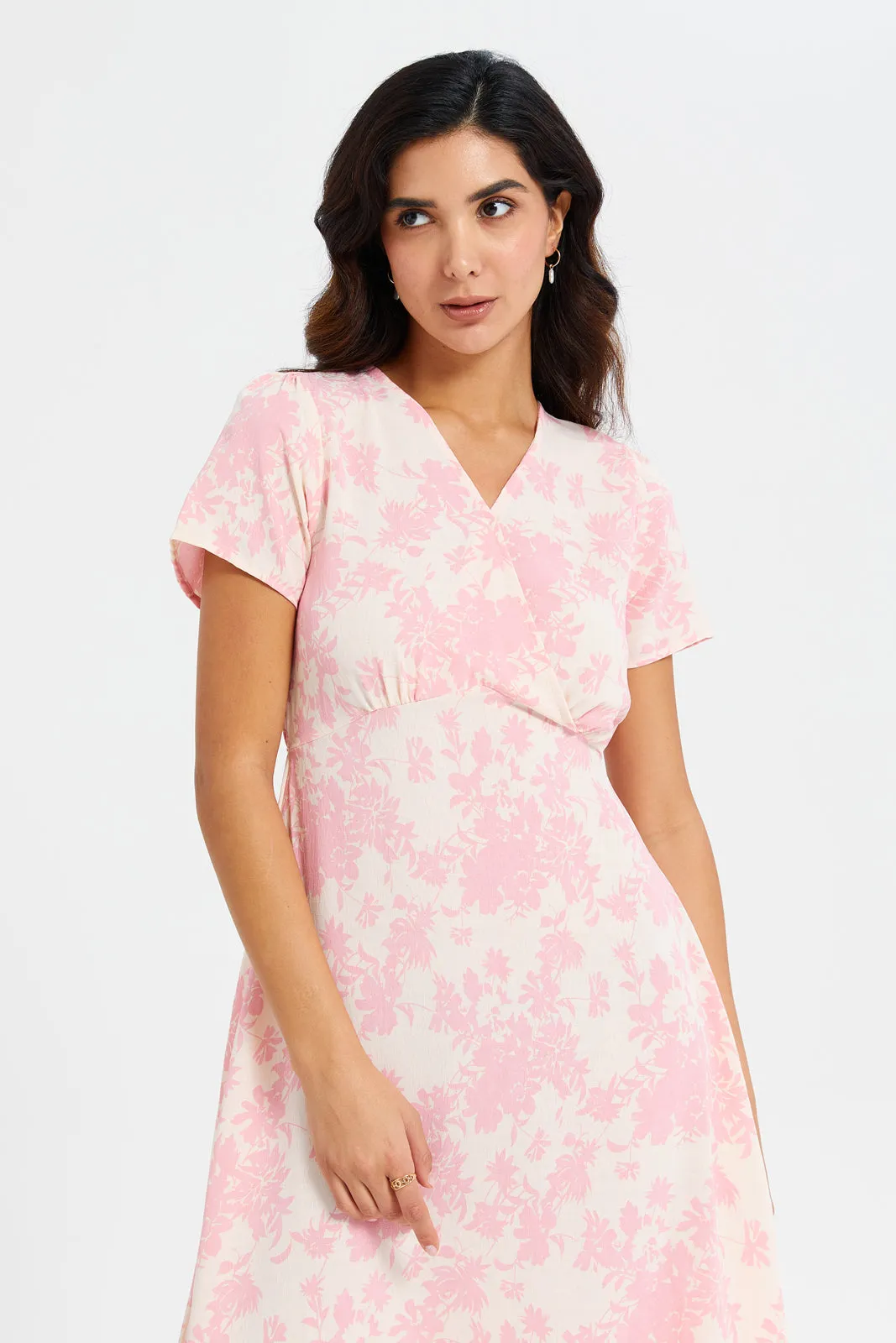 Women Pink And White Printed Midi Dress