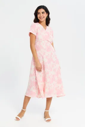 Women Pink And White Printed Midi Dress