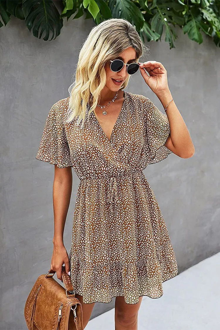 Women’s Summer Short Sleeve Flowy Ruffle Sexy High Waist Dress