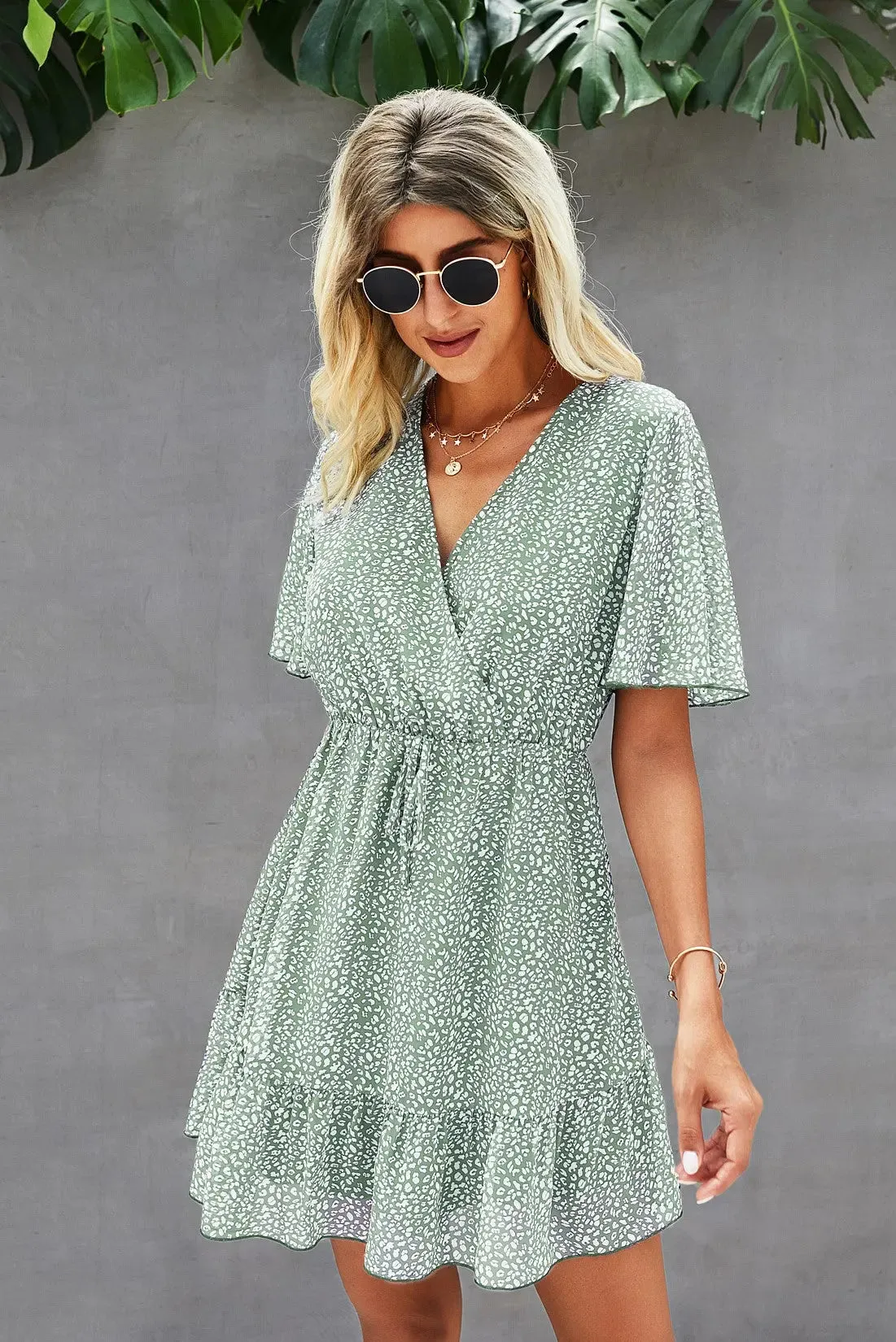 Women’s Summer Short Sleeve Flowy Ruffle Sexy High Waist Dress