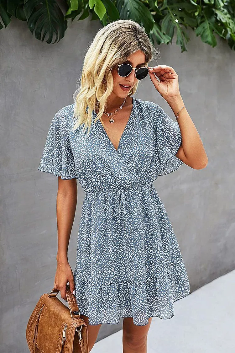 Women’s Summer Short Sleeve Flowy Ruffle Sexy High Waist Dress