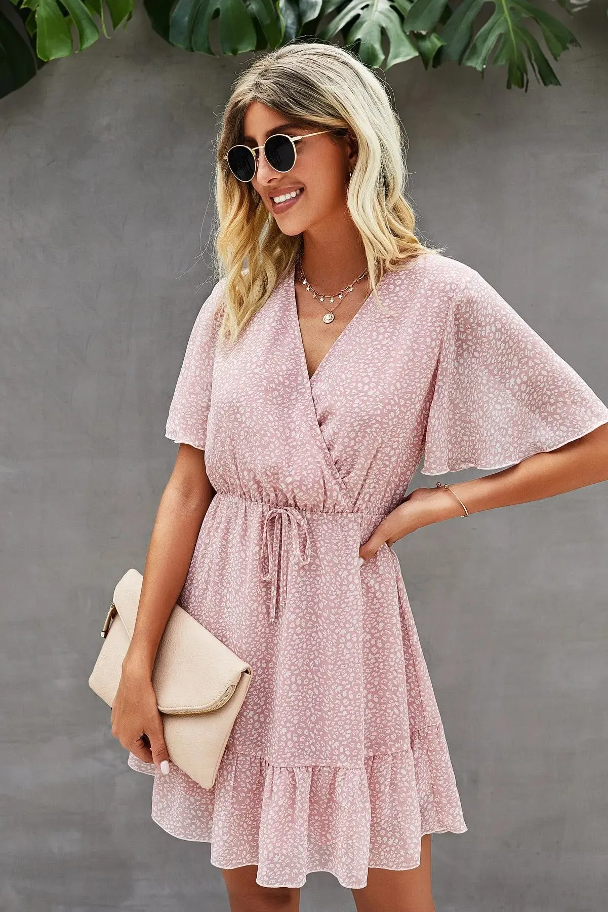 Women’s Summer Short Sleeve Flowy Ruffle Sexy High Waist Dress