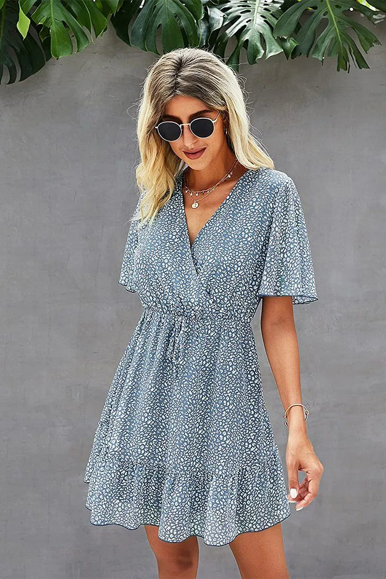 Women’s Summer Short Sleeve Flowy Ruffle Sexy High Waist Dress